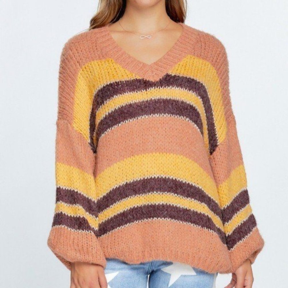 Women's V-Neck Cozy Thick Knit Stripe Multicolor Pullover Sweater NWT